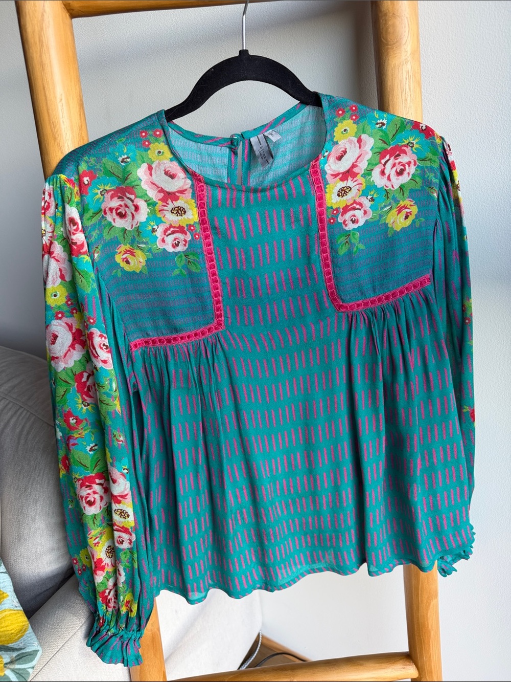 Teal Floral Yoke Long-Sleeve Blouse with Pink Trim